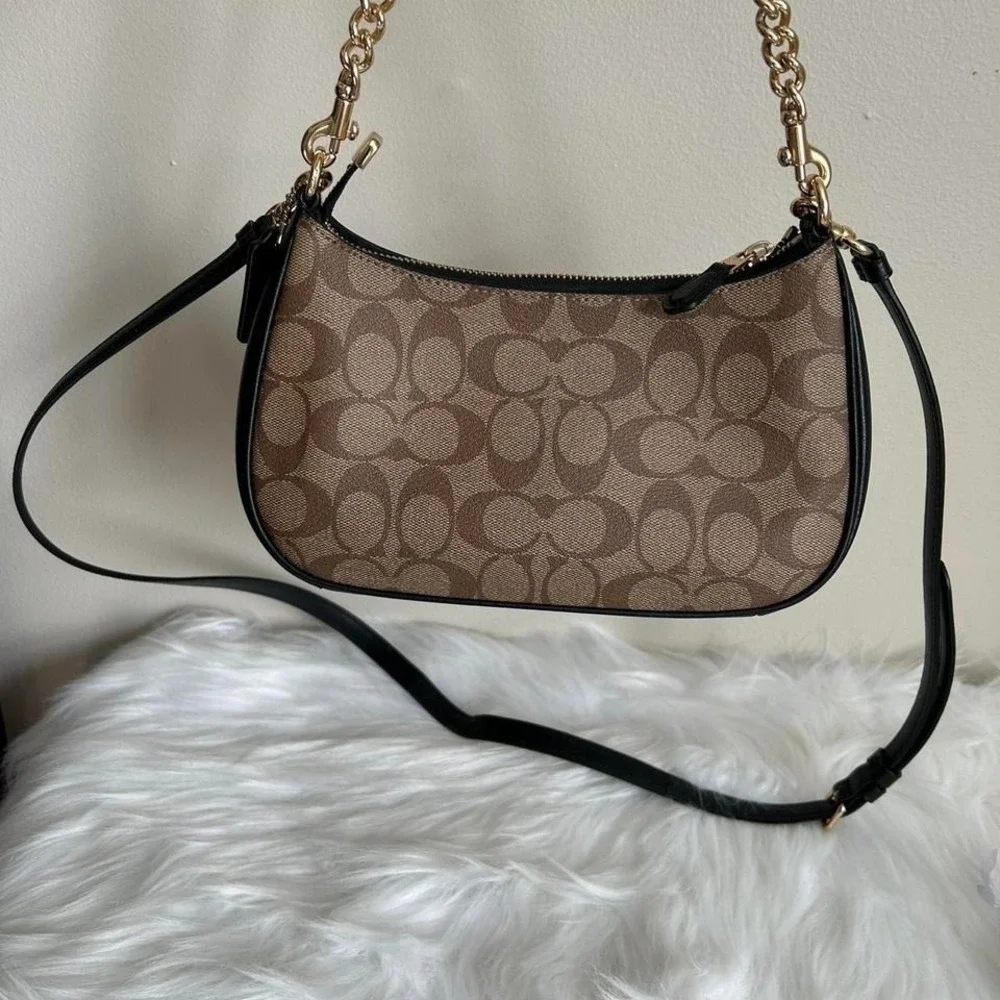 Coach Teri Hobo Khaki‎ Signature Canvas Leather Shoulder Bag Excellent